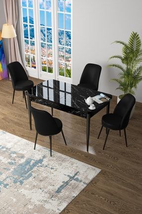 Zen Serisi Mdf Açılabilir Mutfak Masa Takımı-siyah Masa+ 4 Siyah Sandalye SİYAH01CNSZEN4