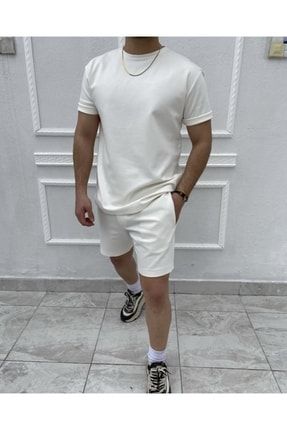 Erkek Beyaz Pamuklu Şort-t-shirt Takım MRCBNTT-189