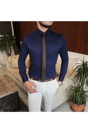 Italyan Stil Slim Fit Erkek Kravat Yaka Gömlek Lacivert T6814