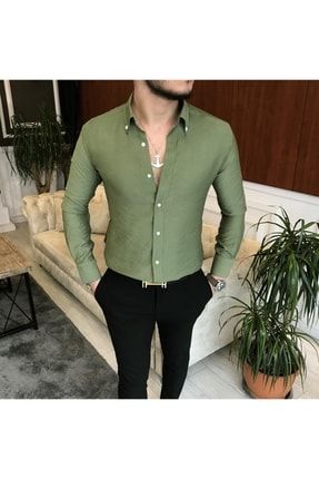 Italyan Stil Slim Fit Erkek Dik Yaka Gömlek Yeşil T7090