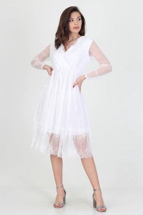 Kadın Kruvaze Yaka Eteği Güpür Detaylı Yeni Sezon Beyaz Elbise Btq004 BTQ004
