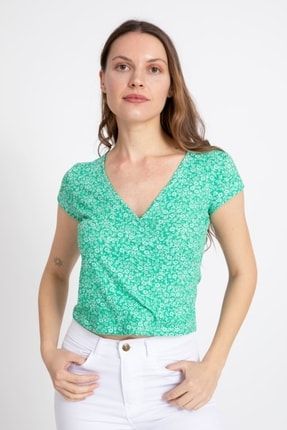 Kadın Kruvaze Yaka Kaşkorse Şal Çiçek Baskılı Benetton Bluz 4000