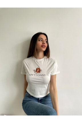 Kadın Melek Baskılı Crop T-shirt Beyaz mycropmelek