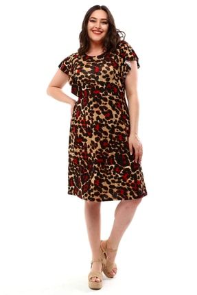 Kadın Kırmızı Leopar Desenli Fırfır Kol Kuplu Büyük Beden Elbise 2210127