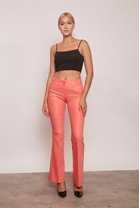 Kadın Mercan Renk Kalın Kemerli Cepli Ispanyol Bol Paça Likralı Kumaş Pantolon 02232