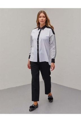 Renkli Parçalı Beyaz-siyah Gömlek Kayra-KA-A21-10028