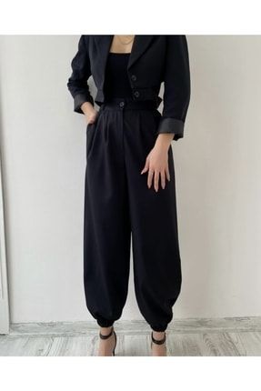 Kadın Paça Kısmı Lastikli Palazzo Model Siyah Renk Yüksek Bel Pantolon sim119