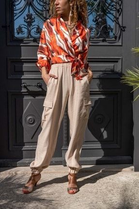 Kadın Bej Keten Yanları Cepli Paçası Lastikli Safari Pantolon Bst3230 BST3230