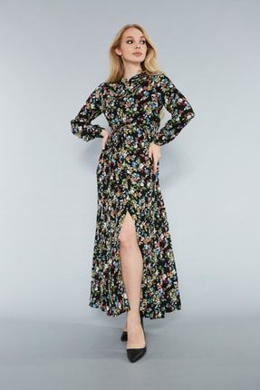Kadın Siyah Çiçek Desenli Maxi Elbise bd96489