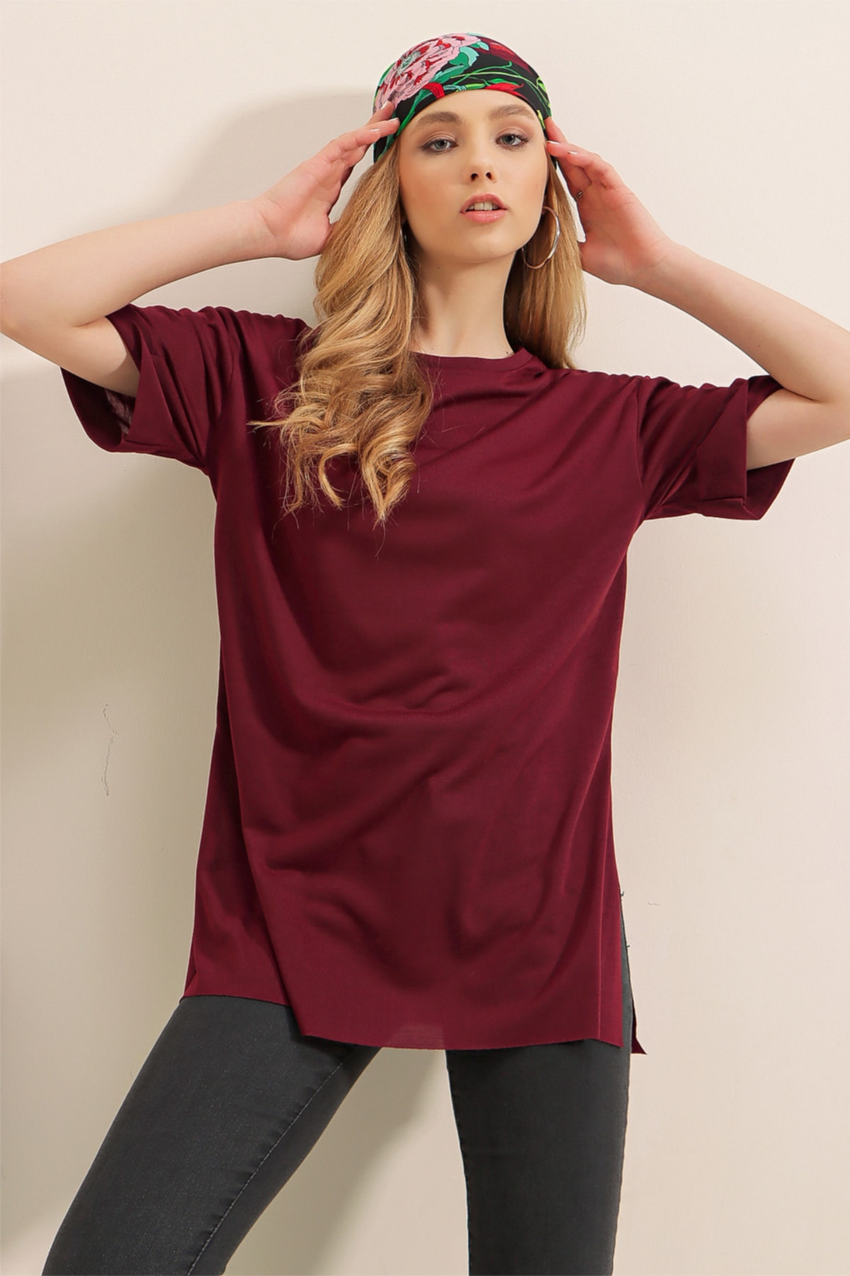 Bigdart 4123 Übergroßes T-Shirt mit Trendyol - Schlitz – Pflaume