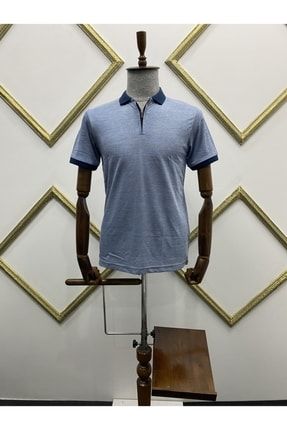 Erkek Klasik Polo Yaka İnce Petek Dokuma Yarı Fermuarlı Mavi T-shirt 1602
