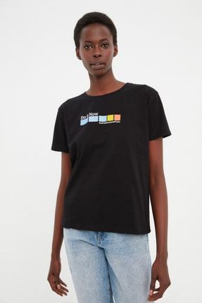 Siyah Baskılı Semifitted Örme T-Shirt TWOSS22TS2356