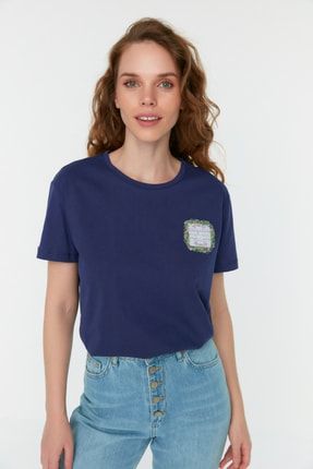 Lacivert Baskılı Semi-fitted Örme T-Shirt TWOSS22TS2423