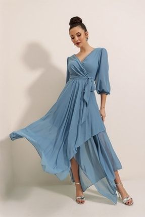Kruvaze Balon Kollu Uzun Şifon Elbise Mavi S-22K2510001-Mavi