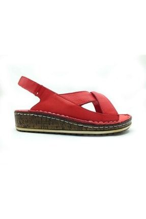 Hakiki Deri Cırtlı Kadın Sandaleti Kırmızı 114 026