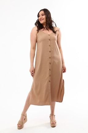 Kadın Büyük Beden Askılı Düğmeli Elbise Vizon SCKWM22EL02