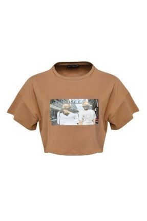 Kadın Kahverengi Baskılı Crop T-shirt Qu22