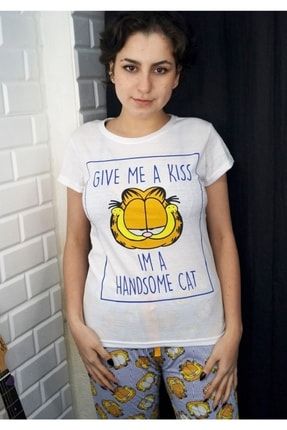 Garfield Baskılı Kadın Pijama Uzun Eşofman Tişört Pantolon Takımı Gecelik 2P1RNK