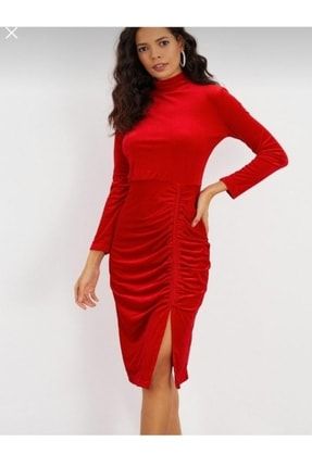 Kırmızı Kadife Yırtmaçlı Elbise 12127121008