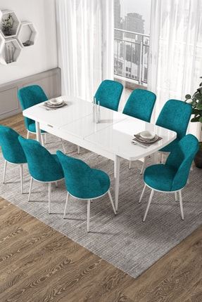 Via Serisi Açılabilir Mutfak Masası Takımı-beyaz Masa+8 Adet Turkuaz Sandalye VİABEYAZ88