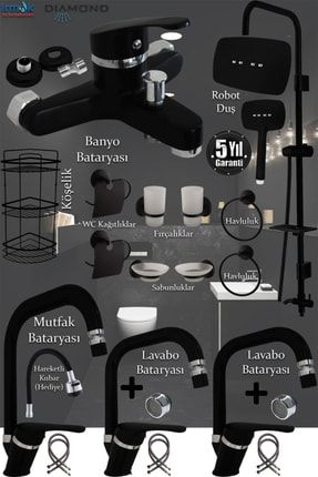 Irmak Siyah Banyo, Lavabo, Mutfak Bataryaları Musluk Armatür Robot Duş Aksesuar Lavabo Duş Takımı BB421-R35