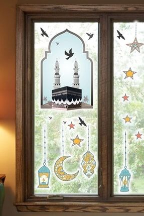 Hoşgeldin Ramazan Cam Duvar Sticker - Kabe Kuşlar Ve Fener Figürlü Duvar Cam Sticker k735-2