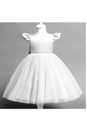 Kurdela Detaylı Beyaz Kız Çocuk Doğum Günü Elbise NSM60G