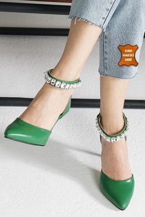 Rosalie Hakiki Deri Yeşil Renk Kadın Abiye Topuklu Ayakkabı 09050NUC