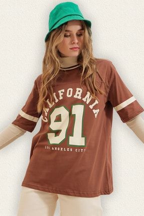 Kadın Kahverengi Bisiklet Yaka Dijital Baskılı Ribanalı Kolej T-shirt Ct00021 CT00021
