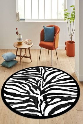 Dijital Baskılı Siyah Zebra Desenli Yuvarlak Halı BH00501
