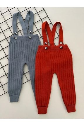 Indigo Ve Kiremit Set Önden Düğmeli Askılı Ayarlanabilir Unisex Bebek Triko Salopet Tayt Pantolon ikilisalopet01