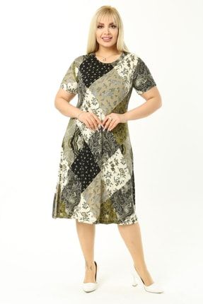 Kadın Haki Patchwork Desen Kuplu Elbise 2PRC-PTCHW