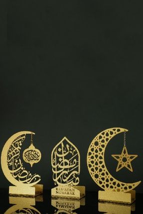 Metal Ramadan Mubarak Yazılı Altın Renk - 3'lü Mumluk Set - Wamh099 - Dini Metal Mumluk-islami Dekor WAMH099