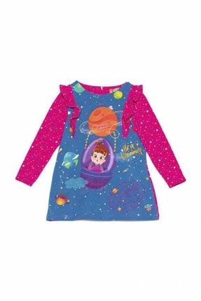 Kız Çocuk Uzay Desenli Uzun Kollu Günlük Elbise Lacivert D1RS2021