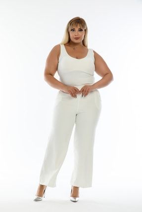 Büyük Beden Beli Lastikli Cepli Bol Paça Kadın Pantolon Beyaz pantolon1