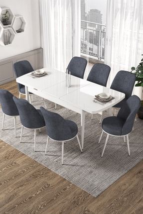Via Serisi Açılabilir Mutfak Masası Takımı-beyaz Masa+8 Adet Füme Sandalye VİABEYAZ8