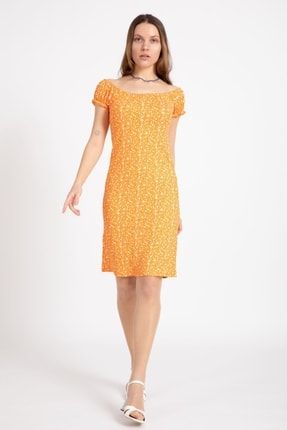 Kadın Desenli Lastikli Oranj Elbise 3700