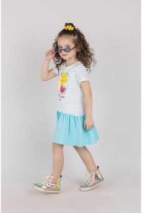 Çizgili Mint Meyve Baskılı Kız Çocuk Elbisesi HA3541