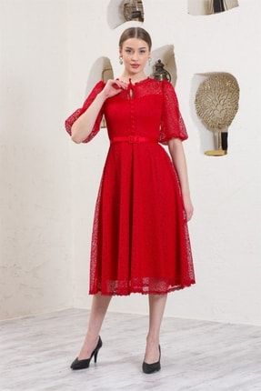 Kemerli Kloş Kırmızı Abiye Elbise L001168