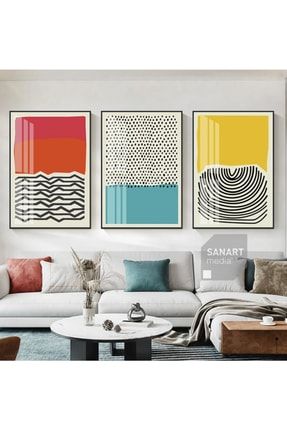 3'lü Modern Soyut Geometrik Renkli Çerçeveli Camlı Tablo Seti Poster Duvar Salon Oturma Genç Odası 2022RENK3LU