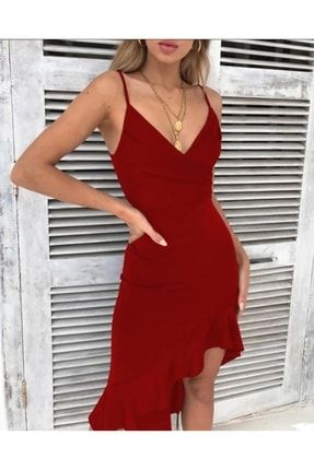 Kırmızı Esnek Krep Kumaş Eteği Asimetrik Volan Detaylı Askılı Mini Elbise Abiye Elbise 582058 677 DNM-664