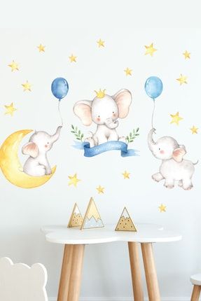 Mavi Balonlu Üçlü Filler Ve Sarı Yıldızlar Çocuk Odası Duvar Sticker Seti - Sim624 TYC00389435425
