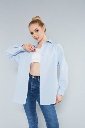Kadın Gök Mavi Oversize Uzun Basic Gömlek ZLM96