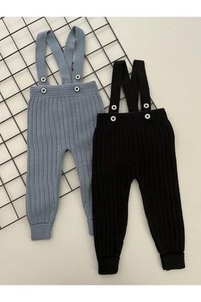 Indigo Ve Siyah Set Önden Düğmeli Askılı Ayarlanabilir Unisex Bebek Triko Salopet Tayt Pantolon ikilisalopet01