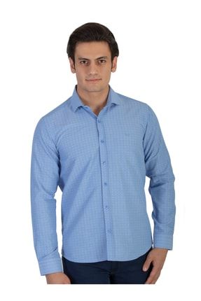 Erkek Mavi Saldera Slim Fit Jakarlı Italyan Yaka Uzun Kollu Gömlek 19MC004018