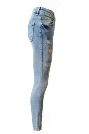 Kadın Denim Taşlı Lazer Yırtık Bilekte Kot Pantolon 4165 - Açık Mavi - 28 ST02052