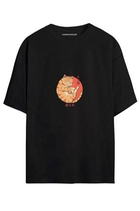 Anime Uyuyan Kedi Baskılı Unisex Siyah - Beyaz Oversize T-shirt HarmandarUyuyanKedi