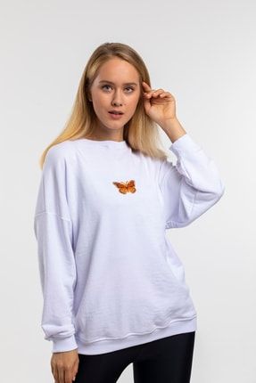 Kadın Beyaz Kelebek Nakışlı Sweatshirt CR20K-0102