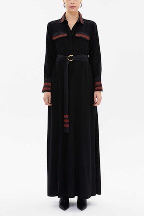 Kadın Siyah Regular Fit Kuşaklı Cepli Gömlek Elbise 2aeb-4983