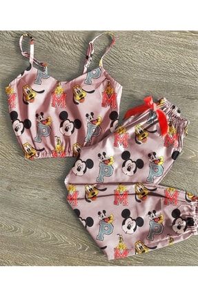 Kadın Pembe Mickey ve Guffy Desenli Pijama Takımı 695